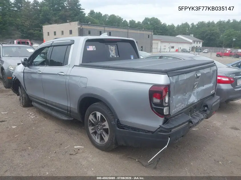 2019 Honda Ridgeline Rtl-E VIN: 5FPYK3F77KB035147 Lot: 45525069