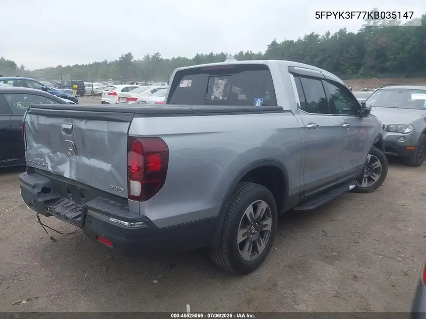 2019 Honda Ridgeline Rtl-E VIN: 5FPYK3F77KB035147 Lot: 45525069