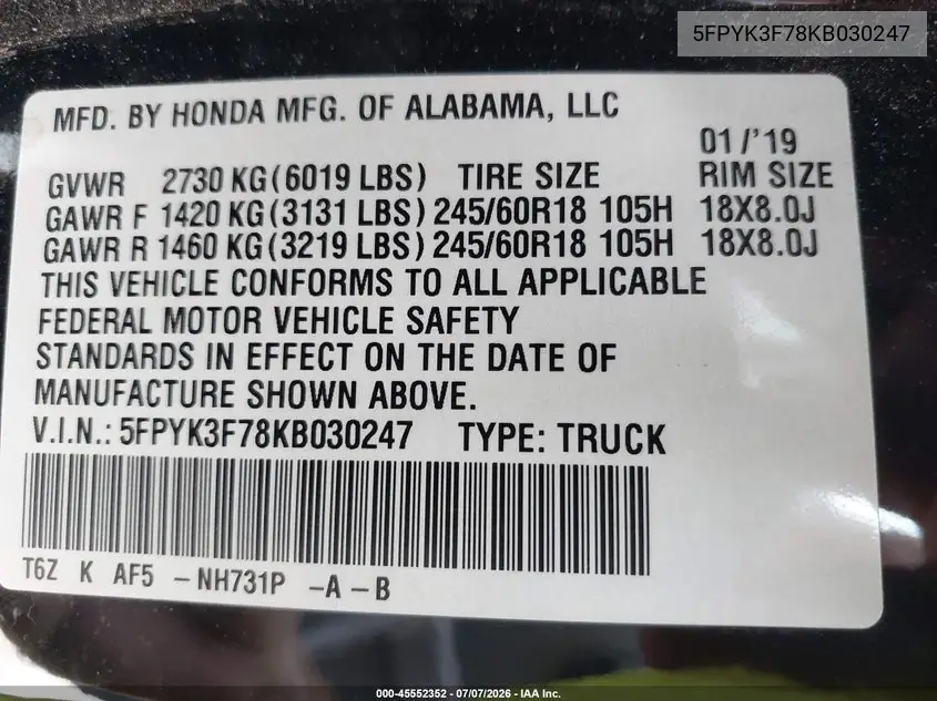 2019 Honda Ridgeline Rtl-E VIN: 5FPYK3F78KB030247 Lot: 45552352
