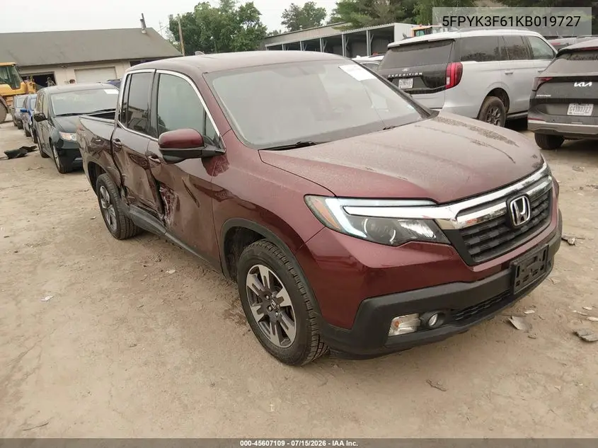 2019 Honda Ridgeline Rtl-T VIN: 5FPYK3F61KB019727 Lot: 45607109