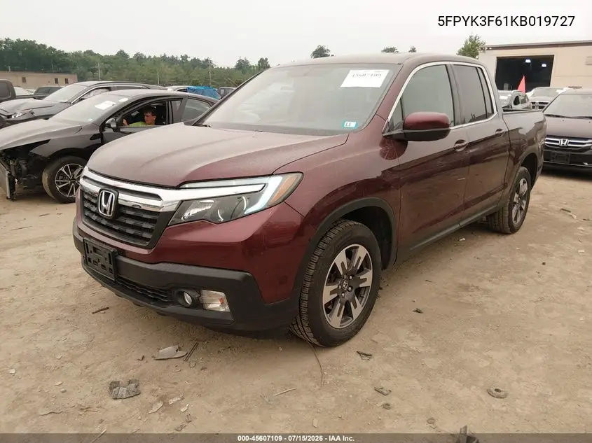 2019 Honda Ridgeline Rtl-T VIN: 5FPYK3F61KB019727 Lot: 45607109