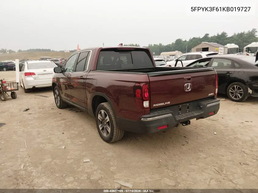 2019 Honda Ridgeline Rtl-T VIN: 5FPYK3F61KB019727 Lot: 45607109