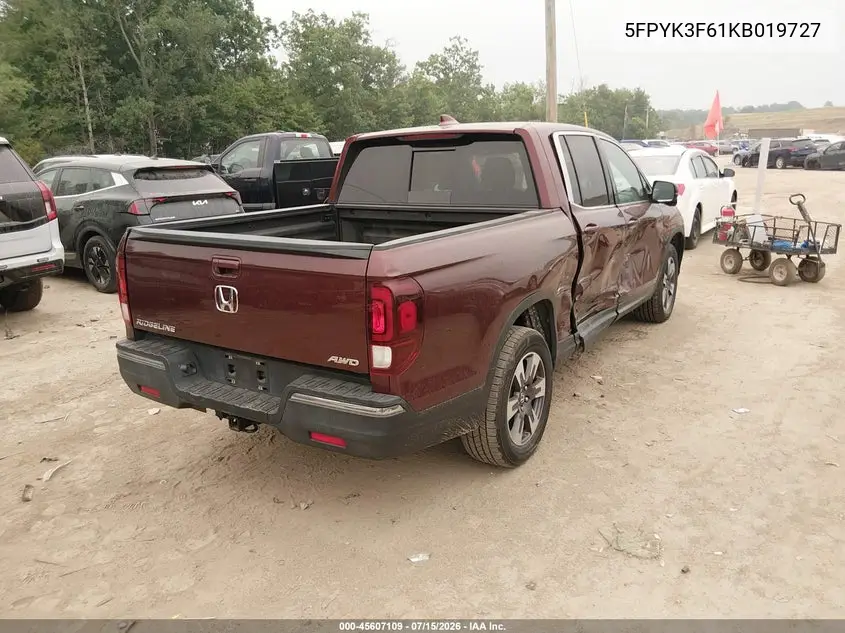 2019 Honda Ridgeline Rtl-T VIN: 5FPYK3F61KB019727 Lot: 45607109