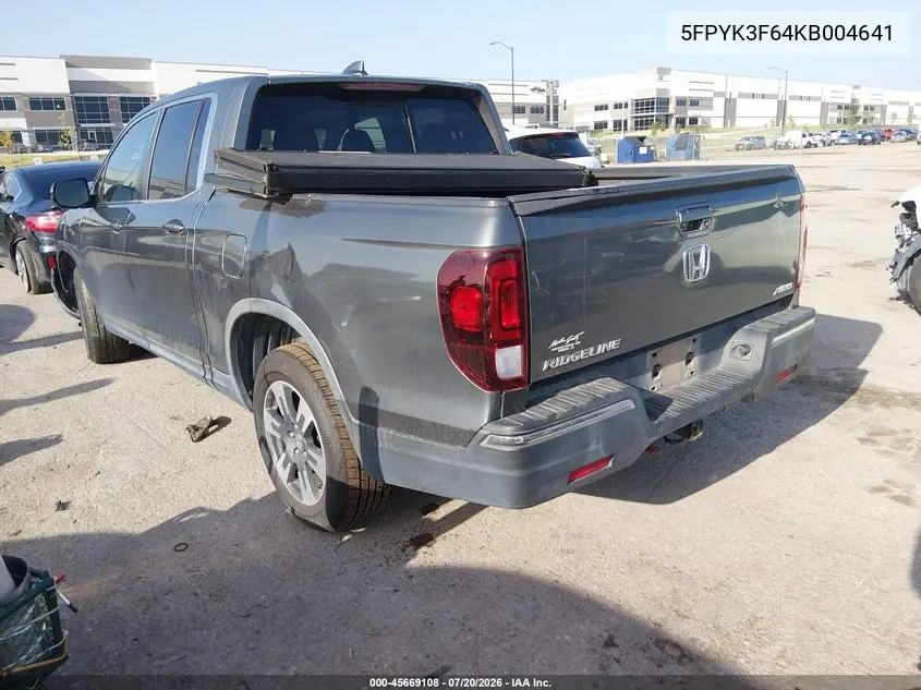 2019 Honda Ridgeline Rtl-T VIN: 5FPYK3F64KB004641 Lot: 45669108