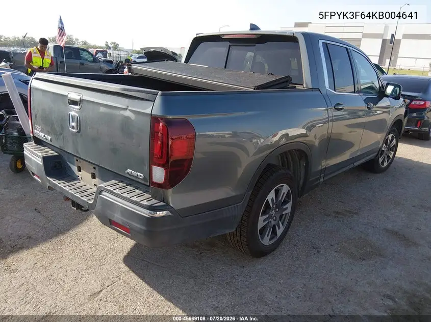 2019 Honda Ridgeline Rtl-T VIN: 5FPYK3F64KB004641 Lot: 45669108