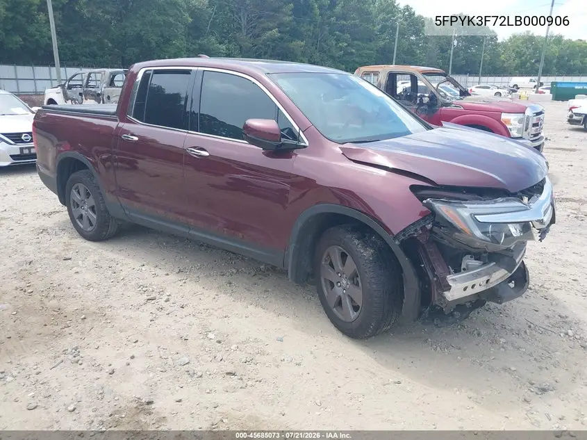 2020 Honda Ridgeline Rtl-E VIN: 5FPYK3F72LB000906 Lot: 45685073