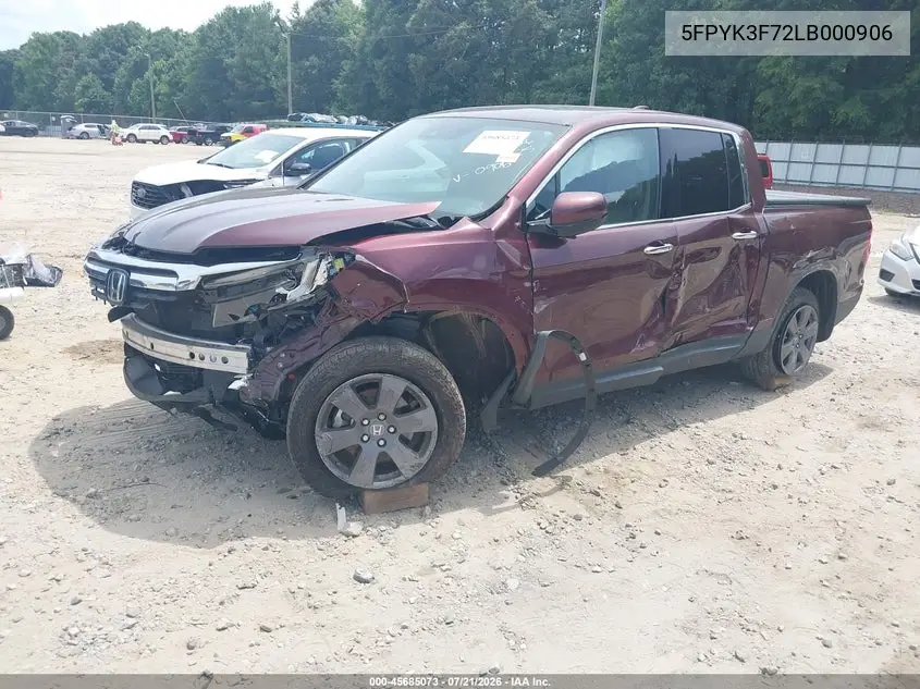 2020 Honda Ridgeline Rtl-E VIN: 5FPYK3F72LB000906 Lot: 45685073