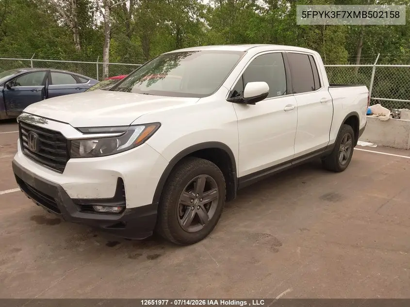2021 Honda Ridgeline VIN: 5FPYK3F7XMB502158 Lot: 12651977