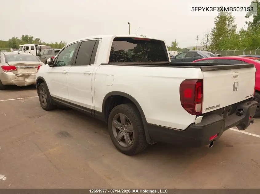 2021 Honda Ridgeline VIN: 5FPYK3F7XMB502158 Lot: 12651977