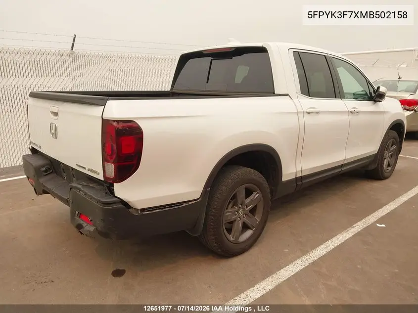 2021 Honda Ridgeline VIN: 5FPYK3F7XMB502158 Lot: 12651977