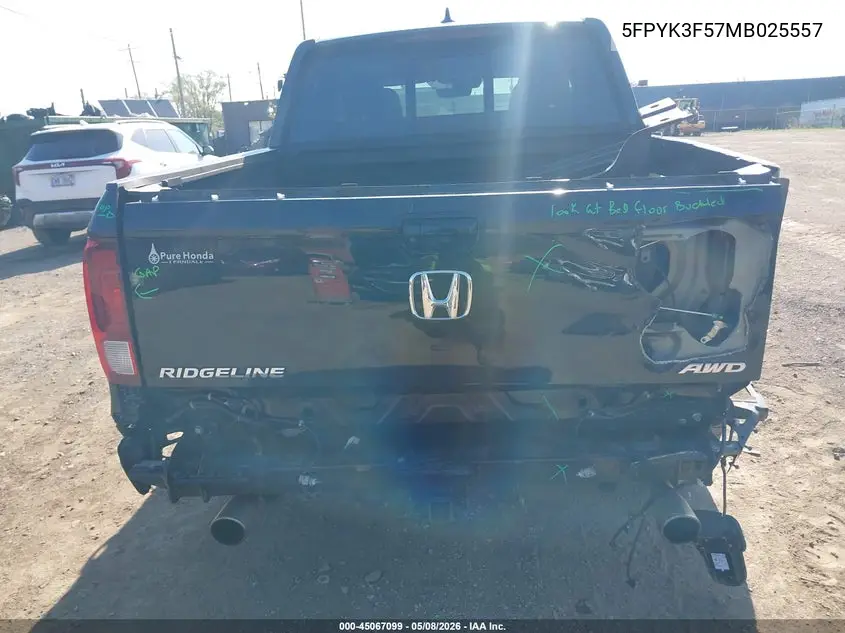 2021 Honda Ridgeline Awd Rtl VIN: 5FPYK3F57MB025557 Lot: 45067099