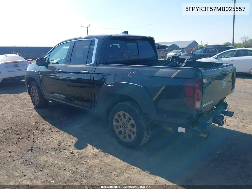 2021 Honda Ridgeline Awd Rtl VIN: 5FPYK3F57MB025557 Lot: 45067099