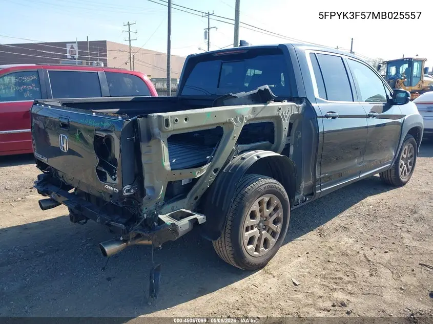 2021 Honda Ridgeline Awd Rtl VIN: 5FPYK3F57MB025557 Lot: 45067099