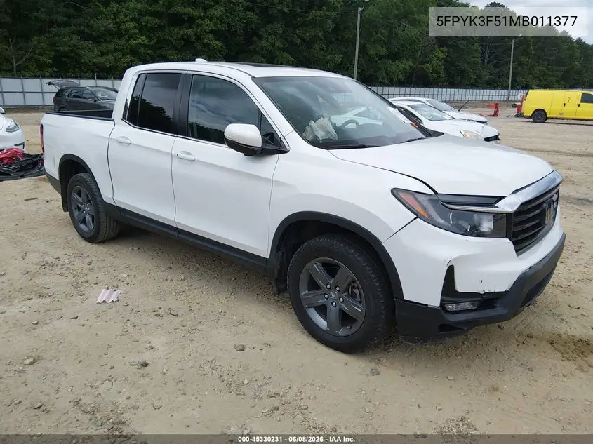 2021 Honda Ridgeline Awd Rtl VIN: 5FPYK3F51MB011377 Lot: 45330231
