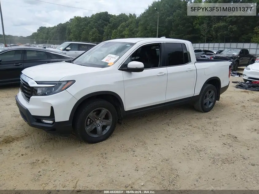 2021 Honda Ridgeline Awd Rtl VIN: 5FPYK3F51MB011377 Lot: 45330231