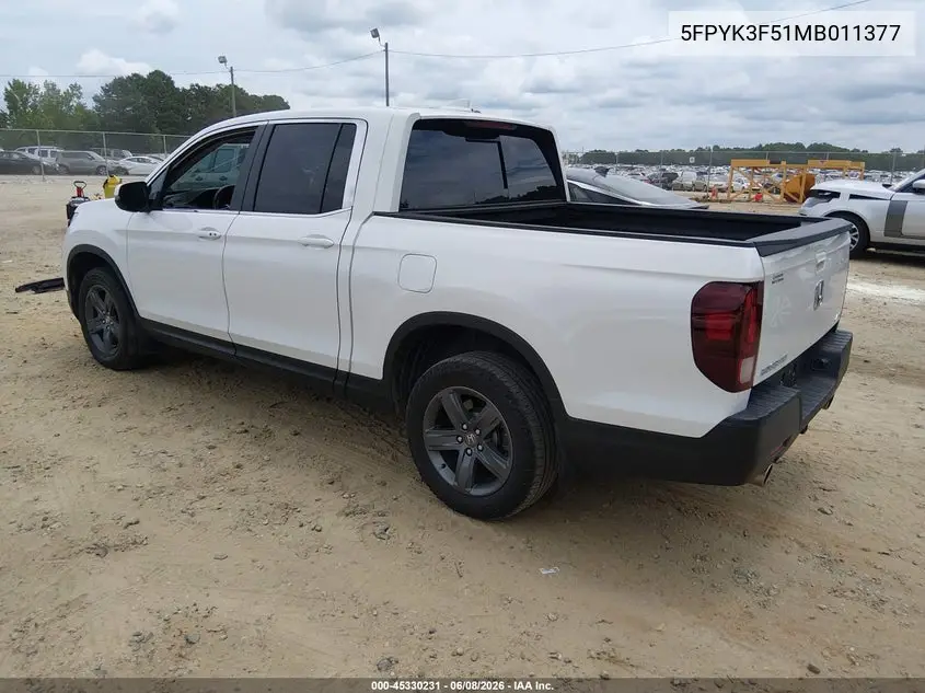 2021 Honda Ridgeline Awd Rtl VIN: 5FPYK3F51MB011377 Lot: 45330231