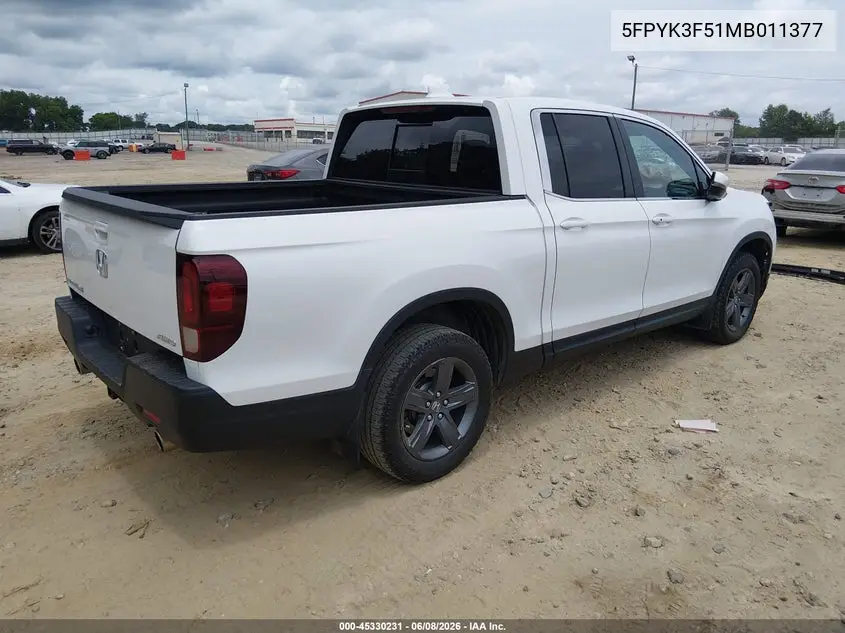 2021 Honda Ridgeline Awd Rtl VIN: 5FPYK3F51MB011377 Lot: 45330231