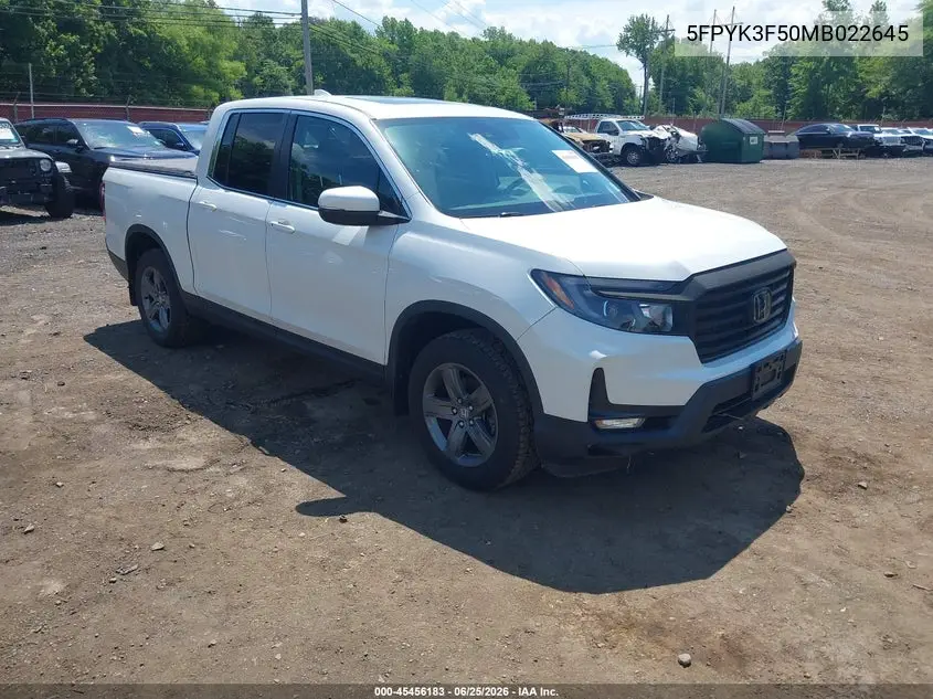 2021 Honda Ridgeline Awd Rtl VIN: 5FPYK3F50MB022645 Lot: 45456183