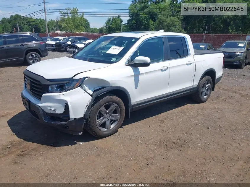 2021 Honda Ridgeline Awd Rtl VIN: 5FPYK3F50MB022645 Lot: 45456183