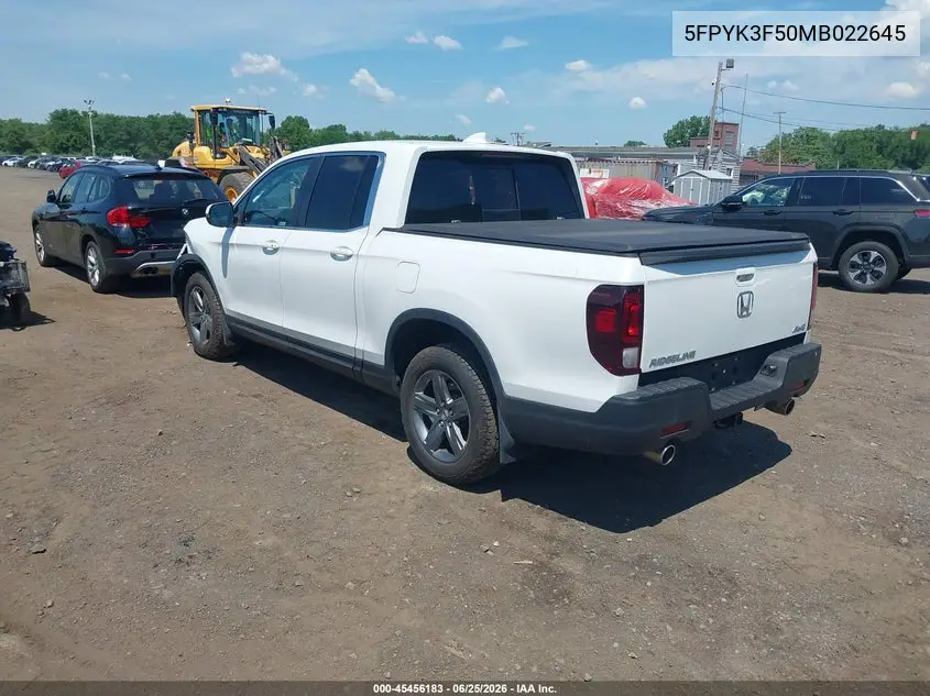 2021 Honda Ridgeline Awd Rtl VIN: 5FPYK3F50MB022645 Lot: 45456183