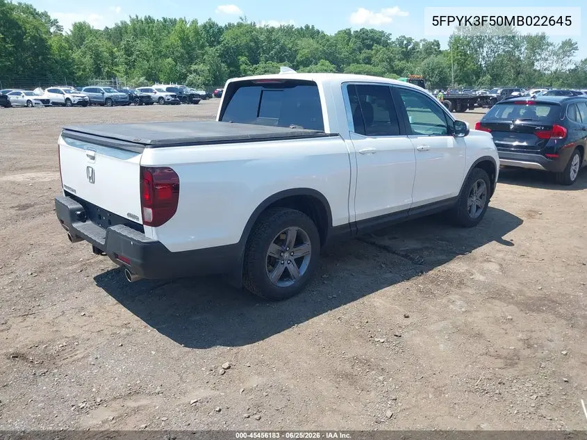 2021 Honda Ridgeline Awd Rtl VIN: 5FPYK3F50MB022645 Lot: 45456183