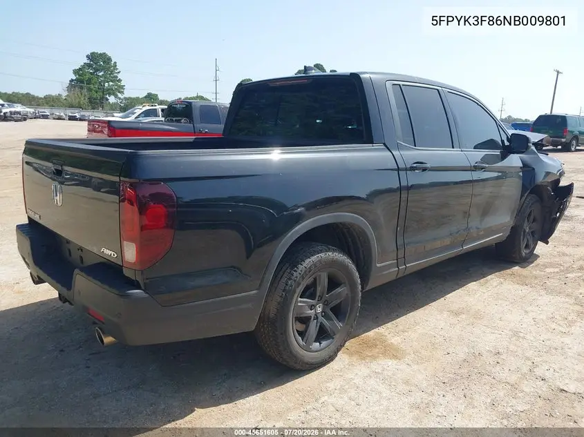 2022 Honda Ridgeline Black Edition VIN: 5FPYK3F86NB009801 Lot: 45651605