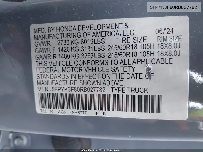 2024 Honda Ridgeline Black Edition VIN: 5FPYK3F80RB027782 Lot: 45562313