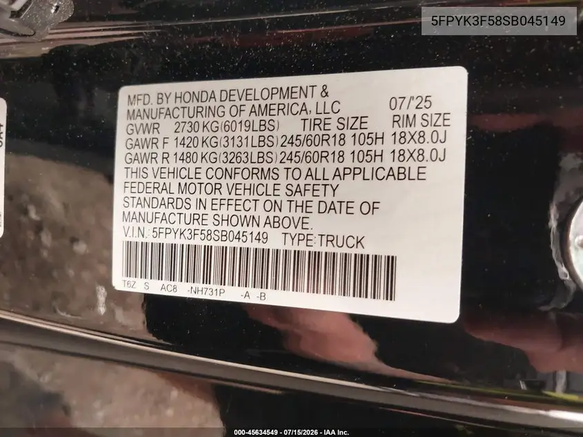 2025 Honda Ridgeline Rtl VIN: 5FPYK3F58SB045149 Lot: 45634549
