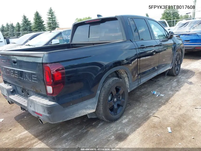 2026 Honda Ridgeline Black Edition VIN: 5FPYK3F81TB017608 Lot: 45630975