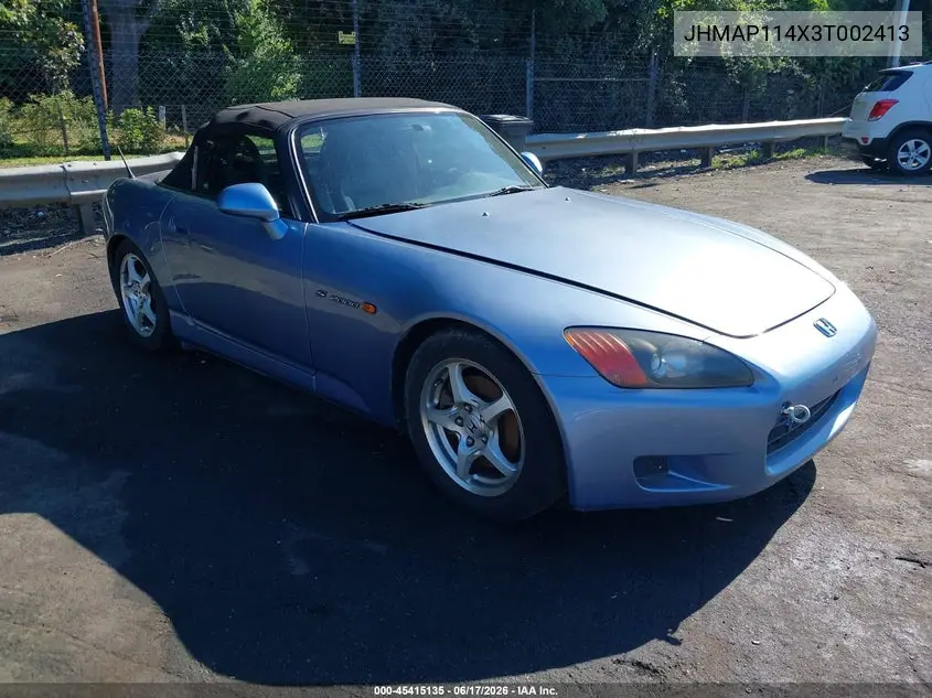 2003 Honda S2000 VIN: JHMAP114X3T002413 Lot: 45415135