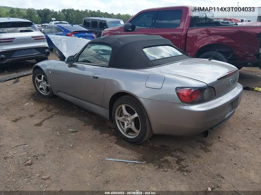 2003 Honda S2000 VIN: JHMAP114X3T004033 Lot: 45502053