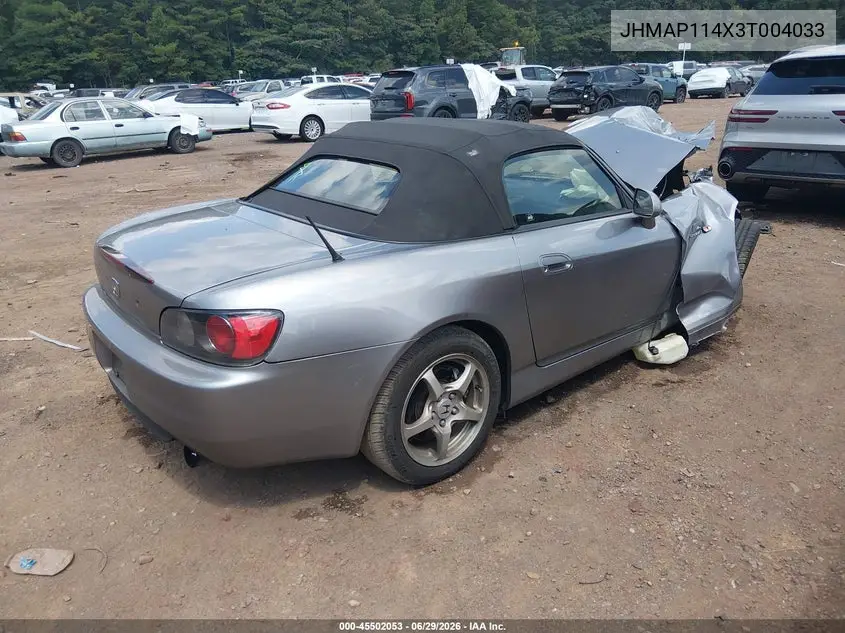 2003 Honda S2000 VIN: JHMAP114X3T004033 Lot: 45502053