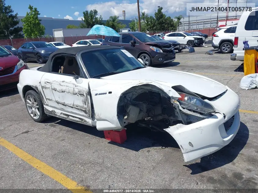 2004 Honda S2000 VIN: JHMAP21404T005778 Lot: 44847077