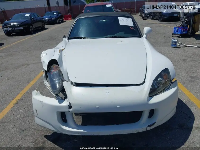 2004 Honda S2000 VIN: JHMAP21404T005778 Lot: 44847077