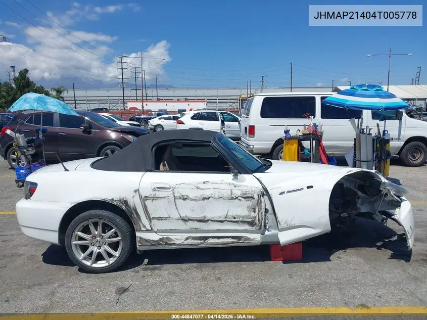 2004 Honda S2000 VIN: JHMAP21404T005778 Lot: 44847077