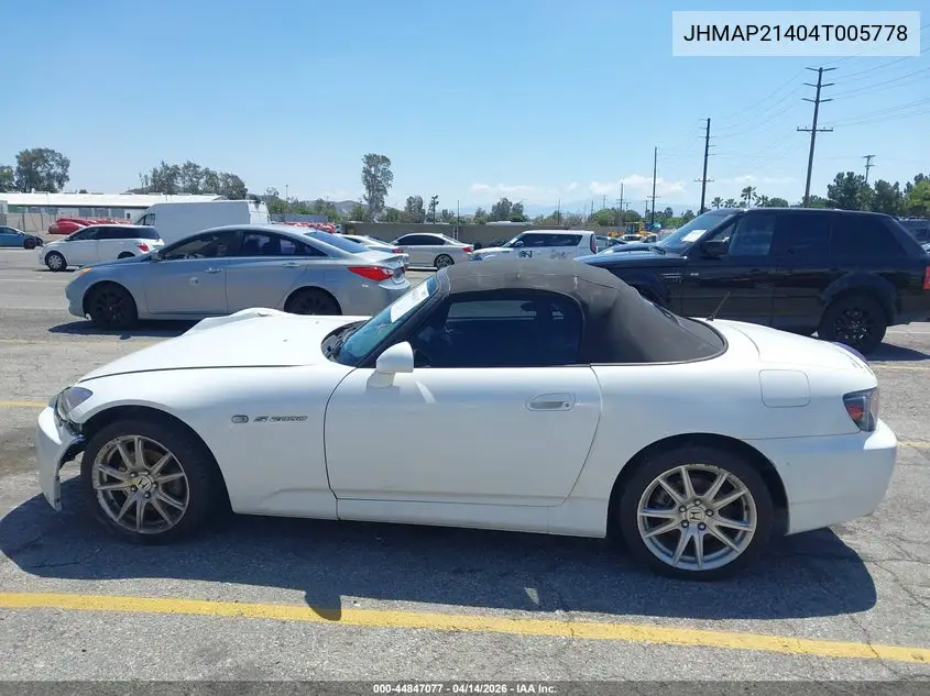 2004 Honda S2000 VIN: JHMAP21404T005778 Lot: 44847077
