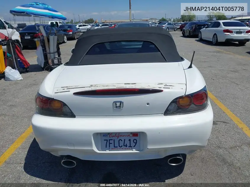 2004 Honda S2000 VIN: JHMAP21404T005778 Lot: 44847077