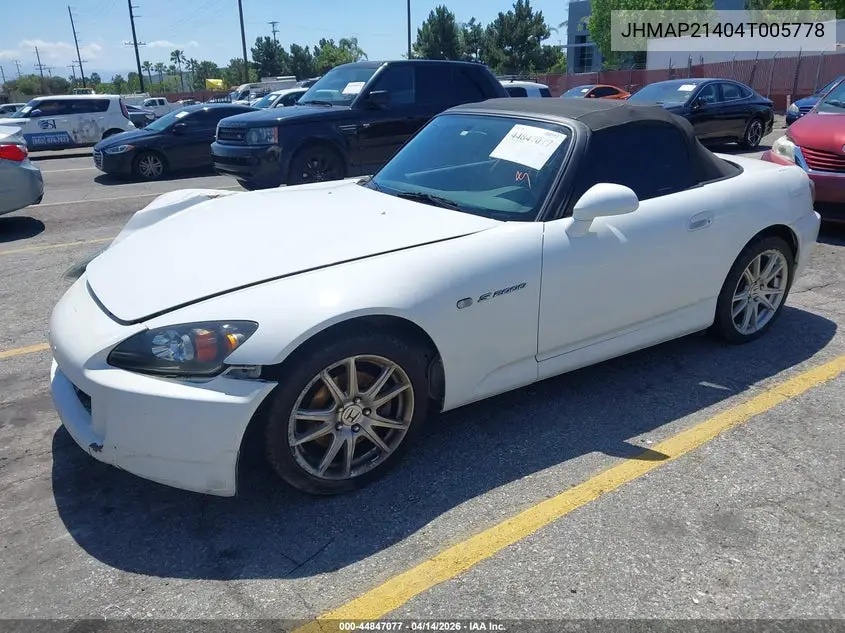 2004 Honda S2000 VIN: JHMAP21404T005778 Lot: 44847077