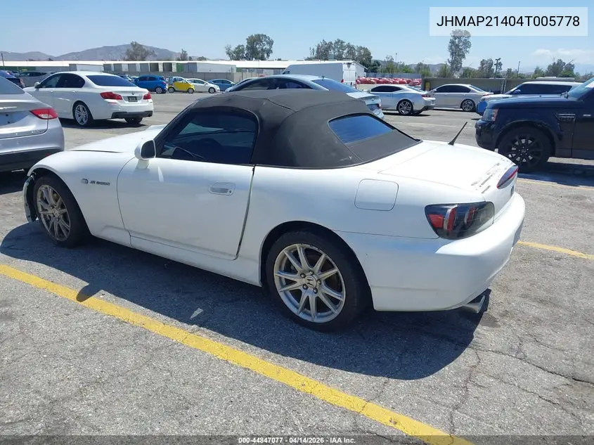 2004 Honda S2000 VIN: JHMAP21404T005778 Lot: 44847077