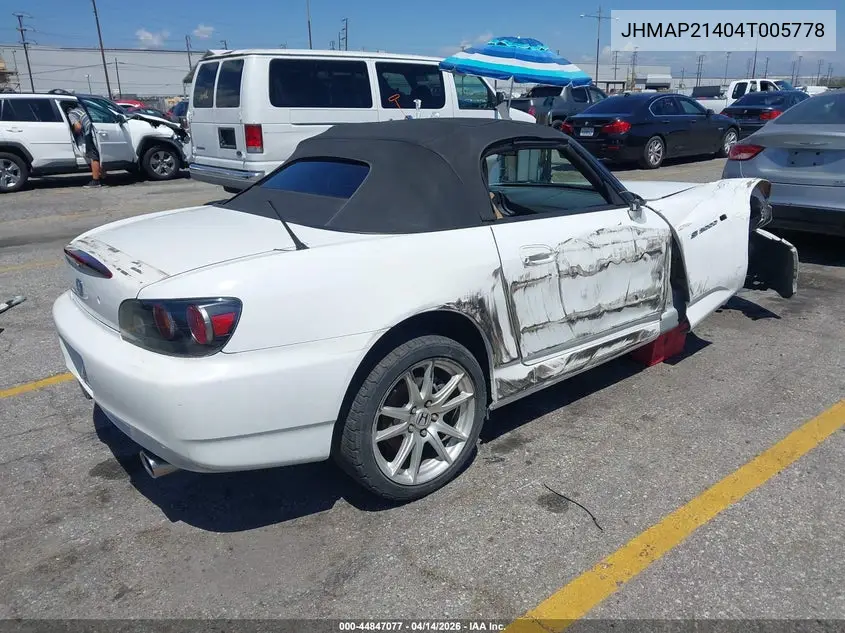 2004 Honda S2000 VIN: JHMAP21404T005778 Lot: 44847077