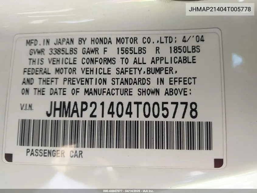 2004 Honda S2000 VIN: JHMAP21404T005778 Lot: 44847077