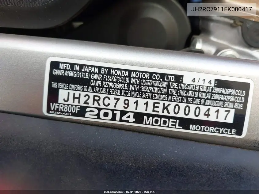 2014 Honda Vfr800 F VIN: JH2RC7911EK000417 Lot: 45522839