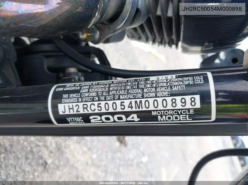 2004 Honda Vt750 C VIN: JH2RC50054M000898 Lot: 45302533