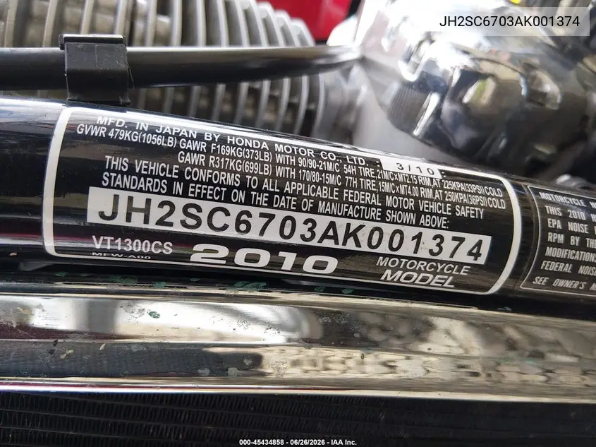 2010 Honda Vt1300 Cs VIN: JH2SC6703AK001374 Lot: 45434858