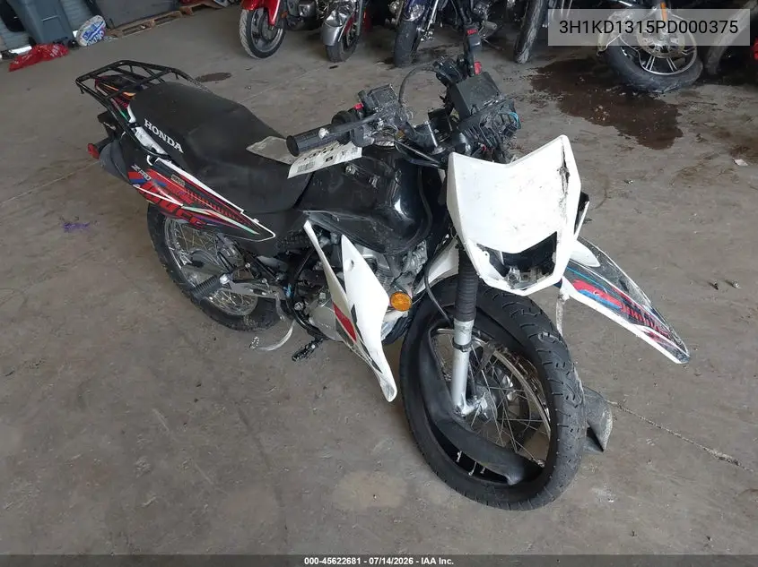 2023 Honda Xr150L E VIN: 3H1KD1315PD000375 Lot: 45622681