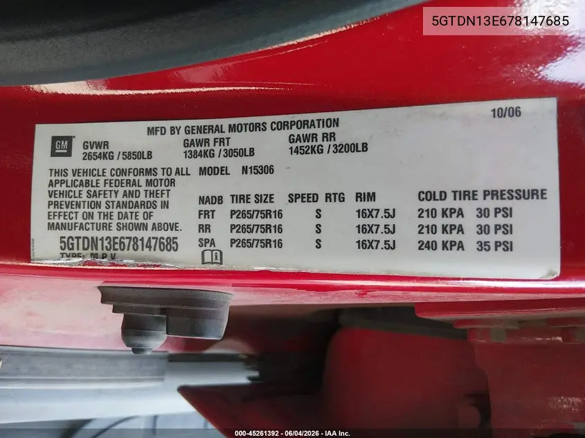 2007 Hummer H3 Suv VIN: 5GTDN13E678147685 Lot: 45261392