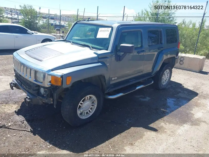 2007 Hummer H3 Suv VIN: 5GTDN13E078164322 Lot: 45311534