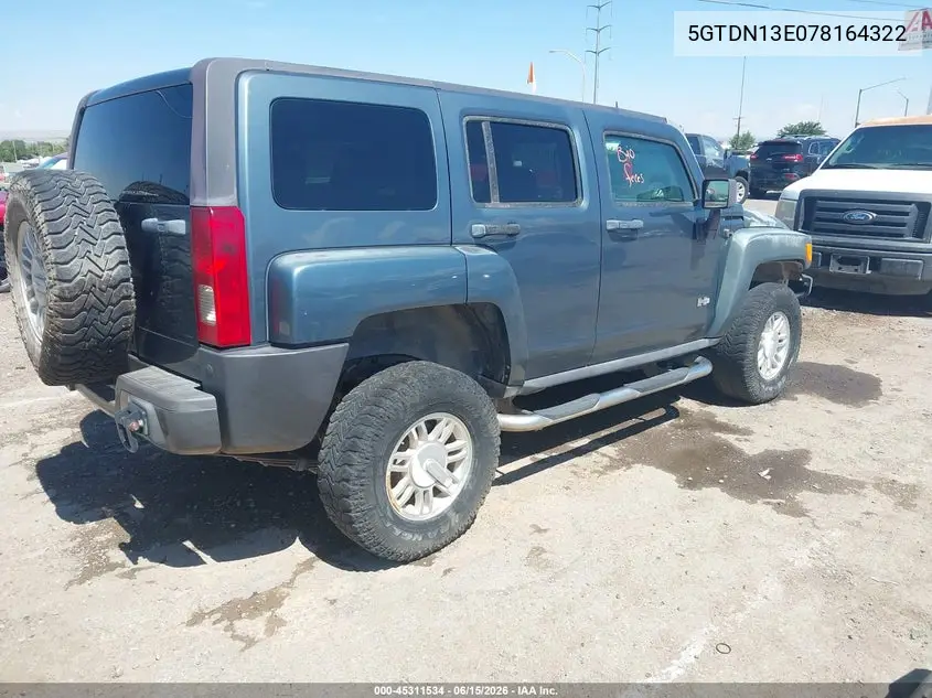 2007 Hummer H3 Suv VIN: 5GTDN13E078164322 Lot: 45311534