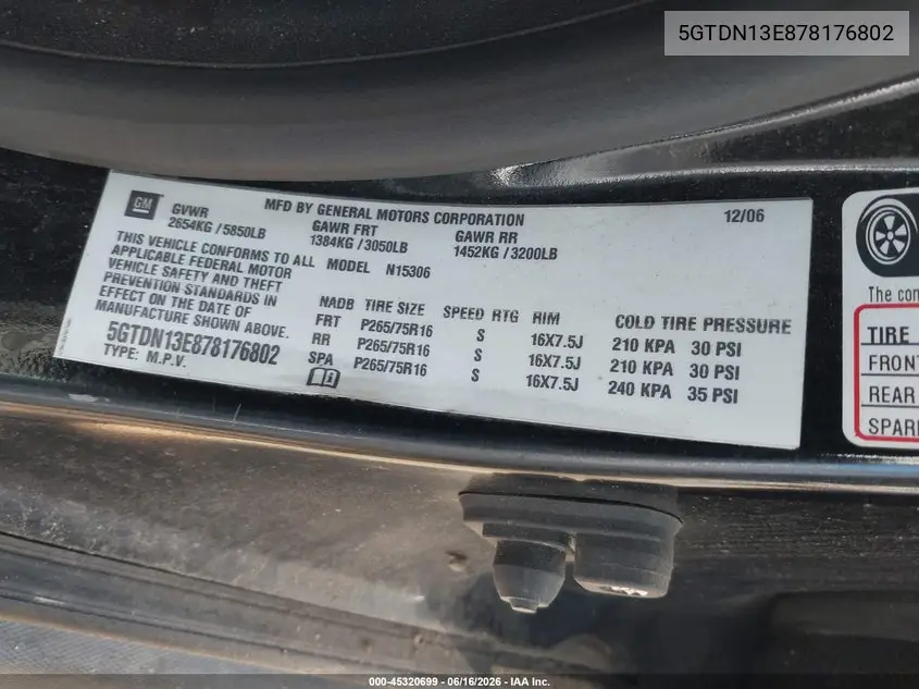 2007 Hummer H3 Suv VIN: 5GTDN13E878176802 Lot: 45320699
