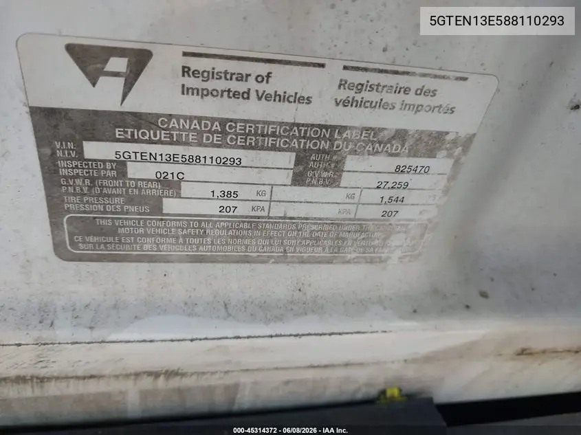 2008 Hummer H3 Suv VIN: 5GTEN13E588110293 Lot: 45314372